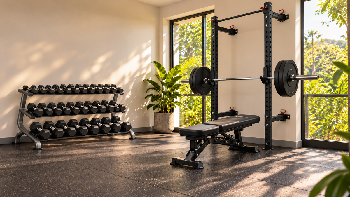 Sunlit Justsports campaign scene with a stocked three-tier hex dumbbell rack against the wall, foldable training rig and centred adjustable bench.